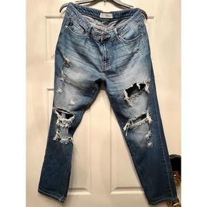 Kancan size 11/29 mid rise dark wash distressed boyfriend jeans